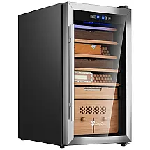 Umidor para Charutos Elétrico 82L com Controle de Temperatura, Prateleiras em Madeira de Cedro Espanhol e Higrômetro, 110V, KingChii, Preto