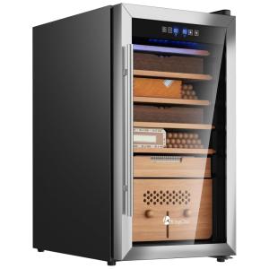 Umidor para Charutos Elétrico 82L com Controle de Temperatura, Prateleiras em Madeira de Cedro Espanhol e Higrômetro, 110V, KingChii, Preto