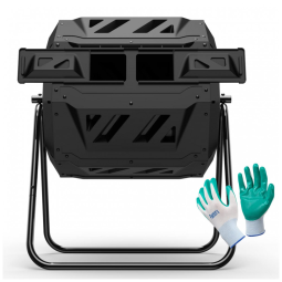 Composteira Rotativa Nazhura Preta Dupla Câmara 163 L, Plástico e Aço Galvanizado, Acompanha Luvas de Jardinagem