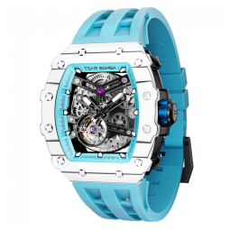 Relógio Masculino Analógico Automático Mecânico a Prova dÁgua 50M com Pulseira de Silicone, TSAR BOMBA CF03, Azul e Prata