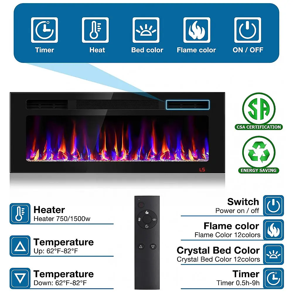 Lareira Elétrica Sixfivsevn 109x41cm 1500W 12 Cores LED Timer Embutir 110V — foto 3