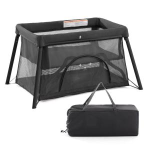 Berço Cercado Portátil 2 em 1 com Colchão Confortável e Bolsa de Transporte e Zíper Lateral, Lamberia, Cinza Escuro