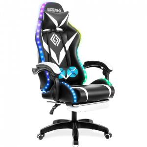 Geepro Cadeira Gamer Ergonômica Reclinável e Giratória com Luzes LED, Preta e Branca