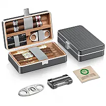 Estojo Umidor de Viagem Flauno para 7 Charutos Alumínio Titânio com Kit Acessórios 3-em-1