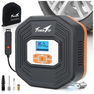Compressor de Ar Elétrico TowerTop, 35PSI, 12V, 100W, Automático, C, Luz LED de Emergência, Preto