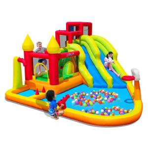 Castelo inflável MIRUNAIR multicolorido com escorregadores duplos, piscina de respingos, canhão d’água e soprador elétrico integrado