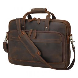 Bolsa Carteiro Masculina de Couro Grão Integral para Laptop com 15 Polegadas, Masa Kawa, Marrom Profundo