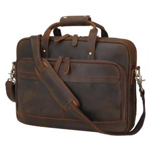 Bolsa Carteiro Masculina de Couro Grão Integral para Laptop com 15 Polegadas, Masa Kawa, Marrom Profundo