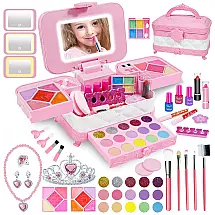 Kit de Maquiagem Infantil com 60 Peças e Espelho Iluminado por LED em 3 Cores para Crianças de 3 a 12 Anos, DAUXONE, Rosa