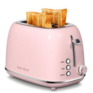 Torradeira Elétrica Retrô 2 Fatias em Aço Inoxidável com 6 Níveis de Tostagem e Bandeja de Migalhas Removível, 825W, Roter Mond, Rosa