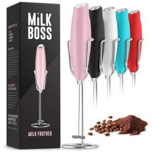 Milk Boss Espumador Elétrico de Leite em Aço Inoxidável a Bateria com Suporte, Rosa