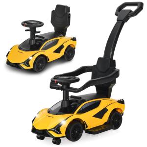 Carrinho de Passeio Infantil 3 em 1 com Rodas Universais, Alça, Guarda Corpos Removíveis e Música, OLAKIDS Lamborghini, Amarelo