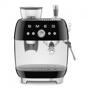 Máquina de espresso semi‑automática Smeg preta retrô com moedor integrado, duplo termobloco, porta‑filtro 58 mm e reservatório 2,4L, 110V