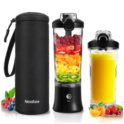 Liquidificador portátil NexaEase 600ml preto com capa térmica recarregável USB-C para shakes e smoothies