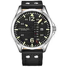 Relogio Masculino Couro Aviador com Rebites de Aço, Stuhrling, Preto