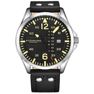 Relogio Masculino Couro Aviador com Rebites de Aço, Stuhrling, Preto