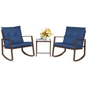 Conjunto de Balanço de Exterior de 3 Peças SUNCROWN em Vime Preto - Cadeiras de Varanda com Mesa de Centro de Vidro para Conversas