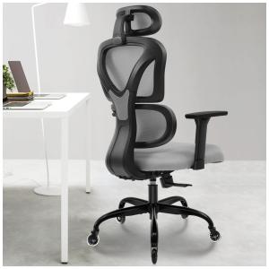 Cadeira de Escritório Ergonômica Giratória com Apoio de Braços, Suporte Lombar Ajustável e Apoio de Cabeça 4D, KERDOM, Cinza