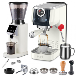 Combo Máquina de Espresso 20 Bar 58mm, Dupla Caldeira, Moedor Cônico 48 Níveis, Kit Profissional, Tuni, Creme, 110V