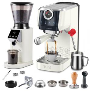 Combo Máquina de Espresso 20 Bar 58mm, Dupla Caldeira, Moedor Cônico 48 Níveis, Kit Profissional, Tuni, Creme, 110V