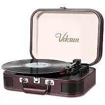 Toca Discos com Bluetooth, Alto Falantes Estéreo Integrados e Suporta Gravação de Vinil para MP3, Voksun, Marrom Escuro