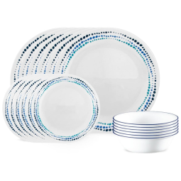 Conjunto de Louça Corelle Vitrelle para 6 pessoas de 18 peças, Resistente a Rachaduras, Leve, com Pratos Redondos e Tigelas, Azul Oceano