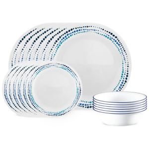 Conjunto de Louça Corelle Vitrelle para 6 pessoas de 18 peças, Resistente a Rachaduras, Leve, com Pratos Redondos e Tigelas, Azul Oceano