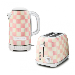Conjunto chaleira elétrica e torradeira 2 fatias MacKenzie-Childs Rosy Check rosa e branca inox 110V