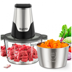 Mini Processador de Alimentos Multifuncional 1,9 Litros com 2 Velocidades e 2 Tigelas, 110V 400W, Syvio BM217A, Prata