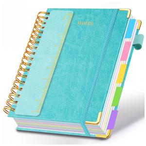 Caderno universitário espiral capa dura GDGDSY B5 8x10, 5 matérias, 300 páginas pautadas, divisórias removíveis, capa couro sintético azul