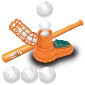 Arremessador de Beisebol Manual com Pedal e 3 Bolas para Crianças de 3 a 7 Anos, E EAKSON, Laranja
