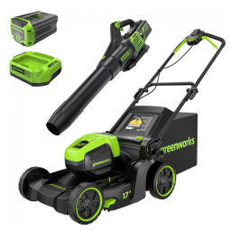Cortador de Grama sem Fio Greenworks 60V e Soprador 60V 610 CFM com Bateria 4.0Ah e Carregador 3A
