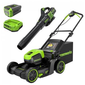 Cortador de Grama sem Fio Greenworks 60V e Soprador 60V 610 CFM com Bateria 4.0Ah e Carregador 3A