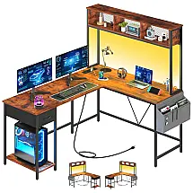 Mesa Gamer de Fibra de Carbono em Formato de L Reversível com Tomadas, Luz LED e Gavetas, 110V, Yoobure