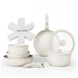 Jogo de Panelas e Frigideiras, Material em Alumínio com 16 Peças e Cabo Removível, Country Kitchen, Creme