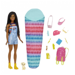 Boneca com 10 Acessórios de Acampamento para Crianças de 3 a 7 Anos, BARBIE HDF74, Rosa