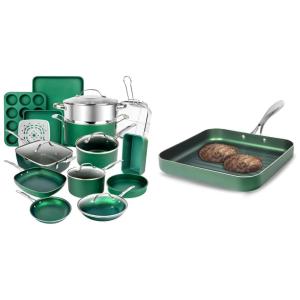 Jogo de Panelas e Frigideiras Antiaderentes em Alumínio com Utensílios, 20 Peças, Granitestone, Verde