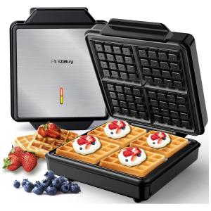 FirstBuy Máquina de Waflle Antiaderente 4 Fatias com Controle de Temperatura, 1200W, 110V, Preta