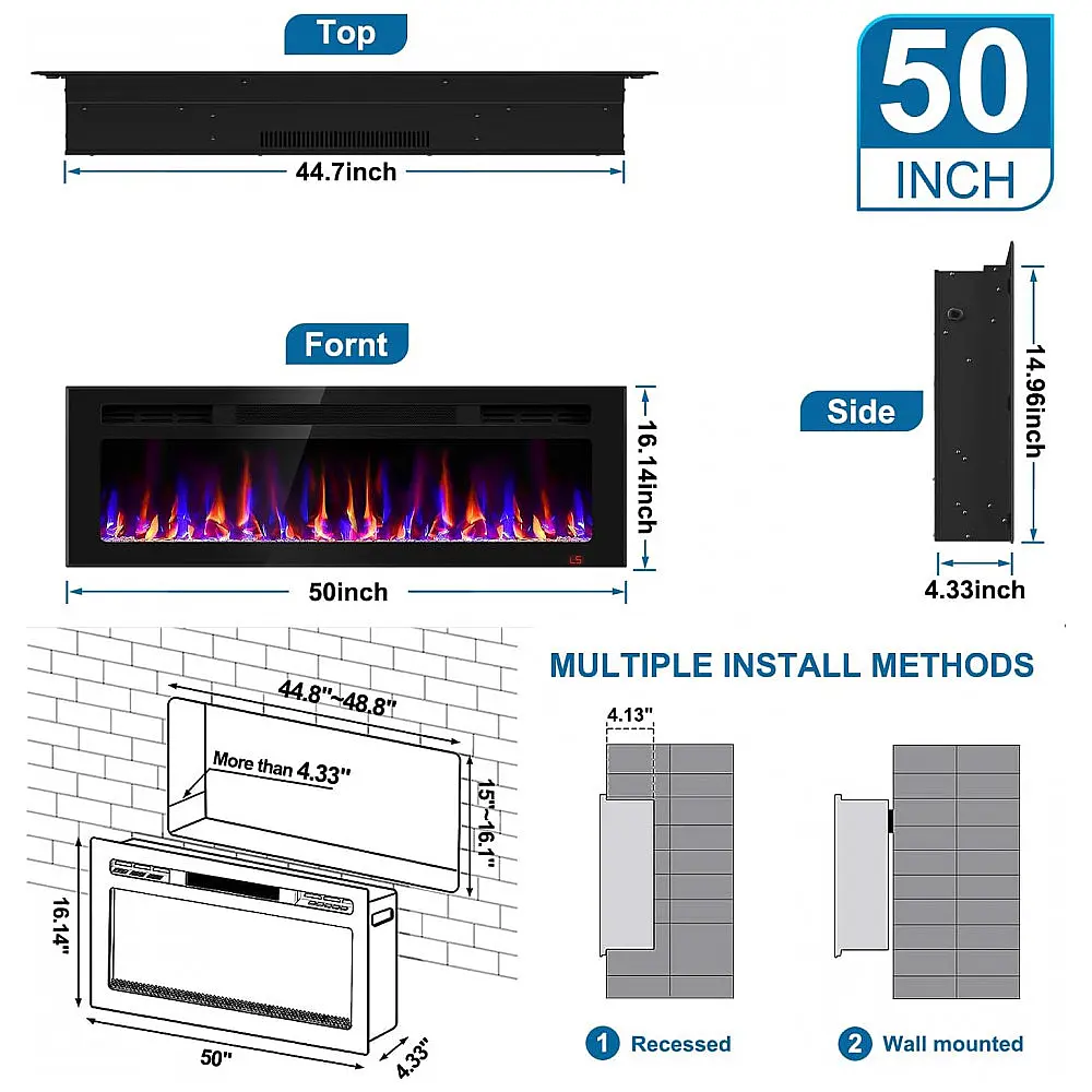 Lareira Elétrica Sixfivsevn 127x41cm 1500W 12 Cores Chamas LED Embutir 110V — foto 2