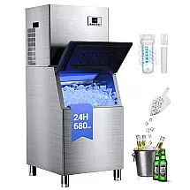 Máquina de Gelo Comercial QAUSOU Inox 308 kg/dia, Reservatório 254 kg, Autolimpeza, Temporizador, 110V