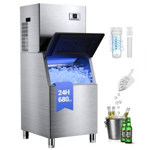 Máquina de Gelo Comercial QAUSOU Aço Inox 308 kg/dia Bin 254 kg, Autolimpeza, Temporizador, IM-NS451B