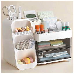 Organizador de mesa HBlife branco com porta‑canetas, 4 compartimentos superiores e 2 gavetas para escritório, casa e escola
