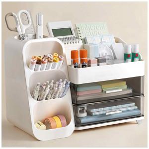 Organizador de mesa HBlife branco com porta‑canetas, 4 compartimentos superiores e 2 gavetas para escritório, casa e escola