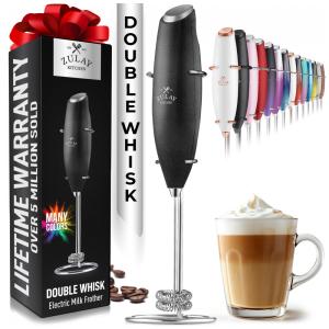 Espumador Elétrico de Leite em a Bateria com Suporte, ZULAY KITCHEN Twin Whisk 12,500 RPM, Preto