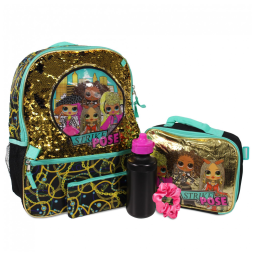 Mochila Escolar Infantil Boneca LOL com Lancheira e 3 Acessórios para Crianças, Preta e Dourada