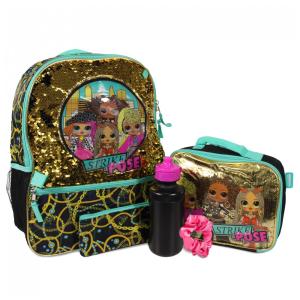 Mochila Escolar Infantil Boneca LOL com Lancheira e 3 Acessórios para Crianças, Preta e Dourada