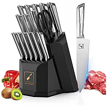 Conjunto de Facas em Aço Inoxidável com Bloco de Bancada e Cabo Ergonômico, 16 Peças, Imarku, Prata