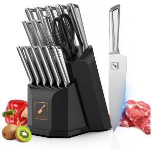 Conjunto de Facas em Aço Inoxidável com Bloco de Bancada e Cabo Ergonômico, 16 Peças, Imarku, Prata