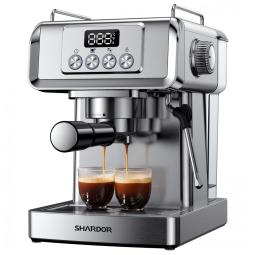 Máquina de Espresso 20 Bar SHARDOR Prata Inox com Vaporizador de Leite Display de Temperatura 1,8L 110V
