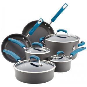 Conjunto de Panelas e Frigideiras Antiaderentes de Aço Anodizado, 10 Peças, e, RACHAEL RAY 87650, Cinza